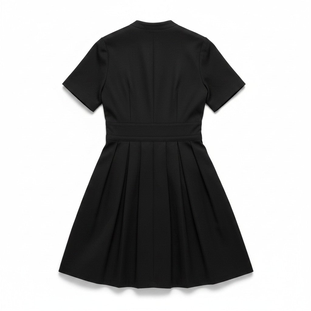Buttoned Short Sleeve Pleated Dress