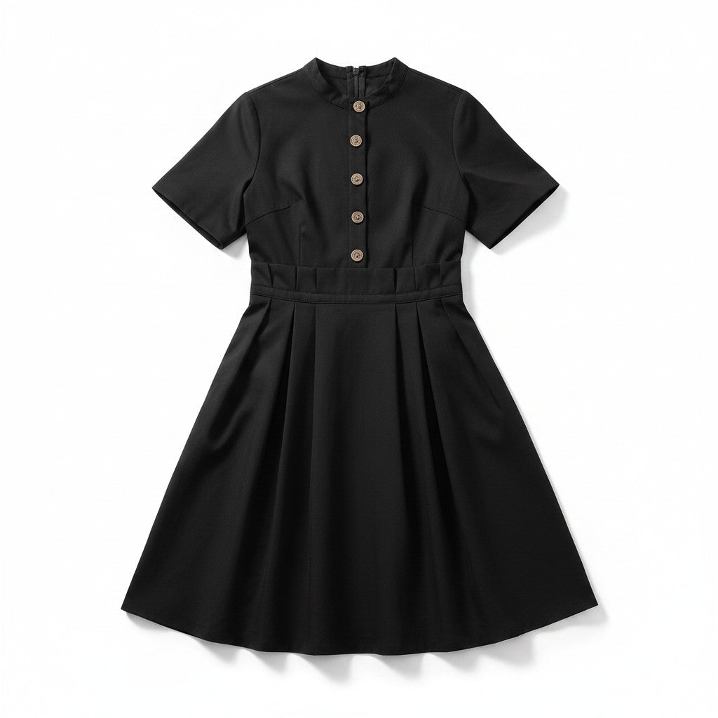Buttoned Short Sleeve Pleated Dress