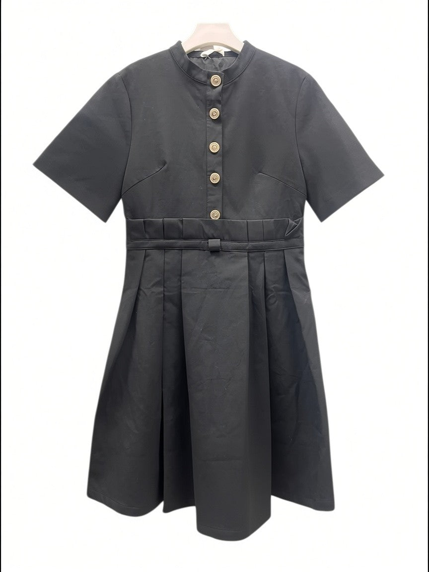 Buttoned Short Sleeve Pleated Dress