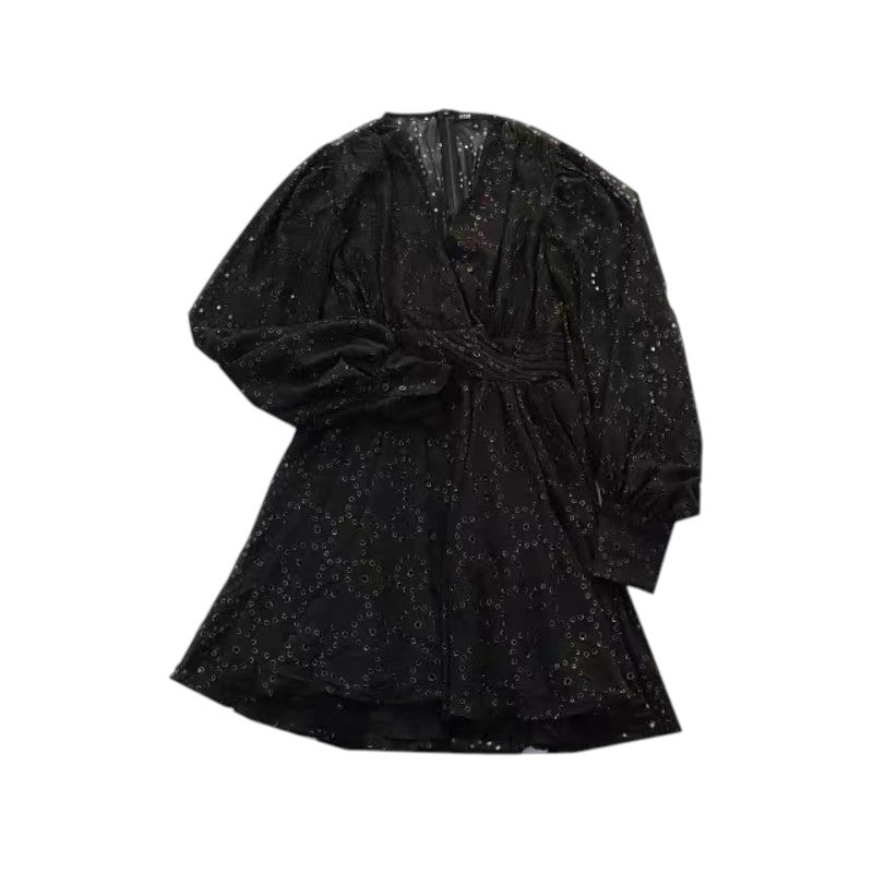 Maje Black Wrap Laser Cut Metallic Georgette Mini Dress